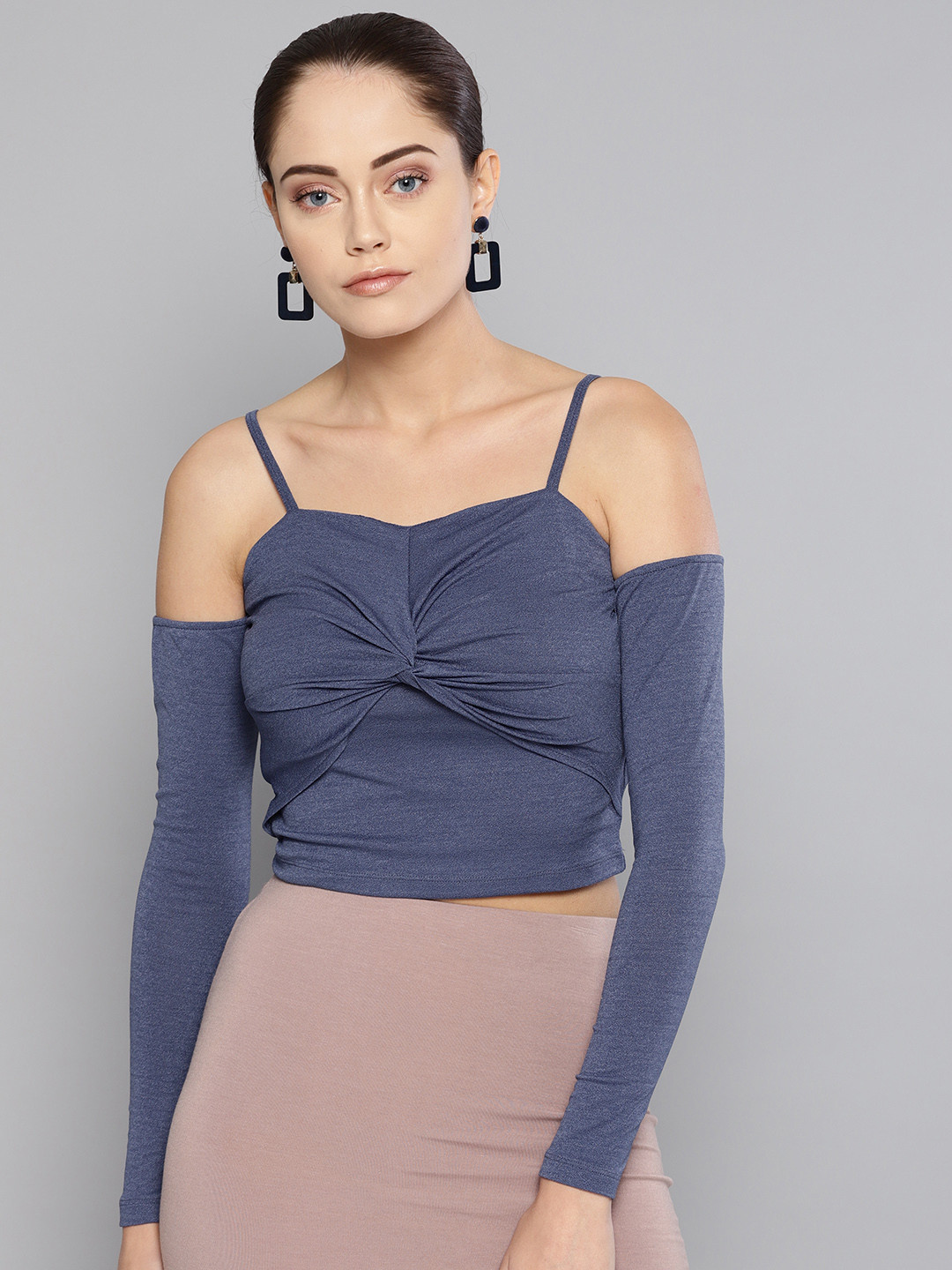 Veni Vidi Vici Women Navy Blue Solid Cropped Bardot Top