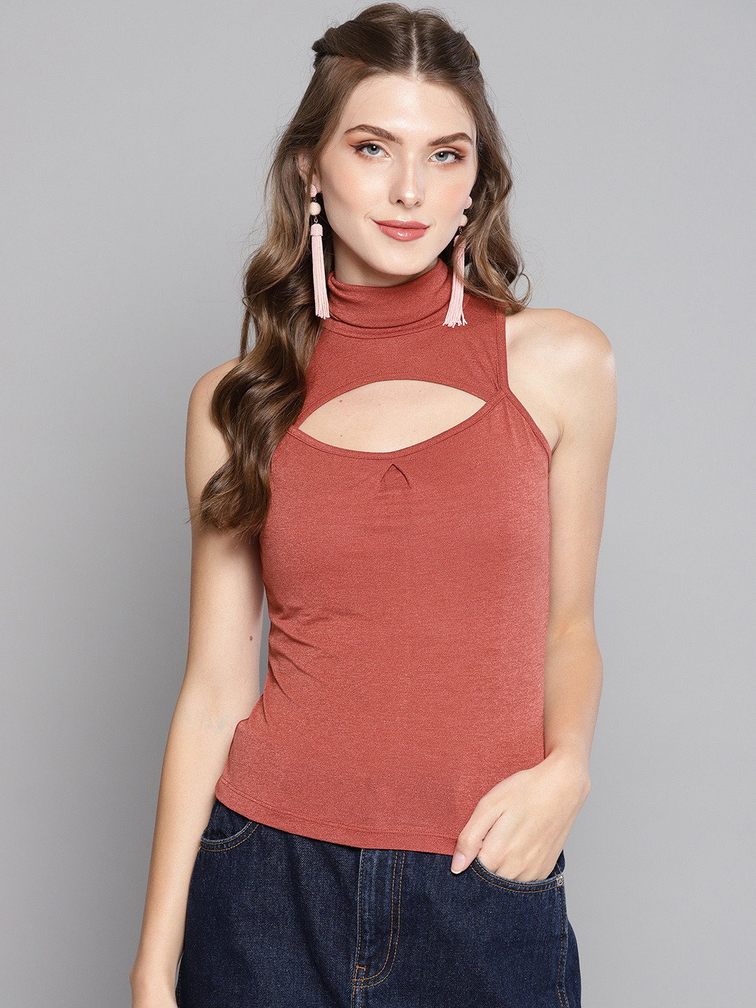 Veni Vidi Vici Women Rust Red Solid Fitted Top