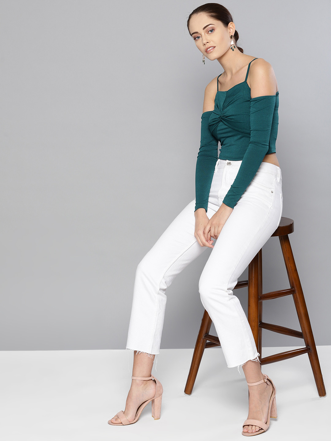 Veni Vidi Vici Women Teal Green Solid Cropped Bardot Top