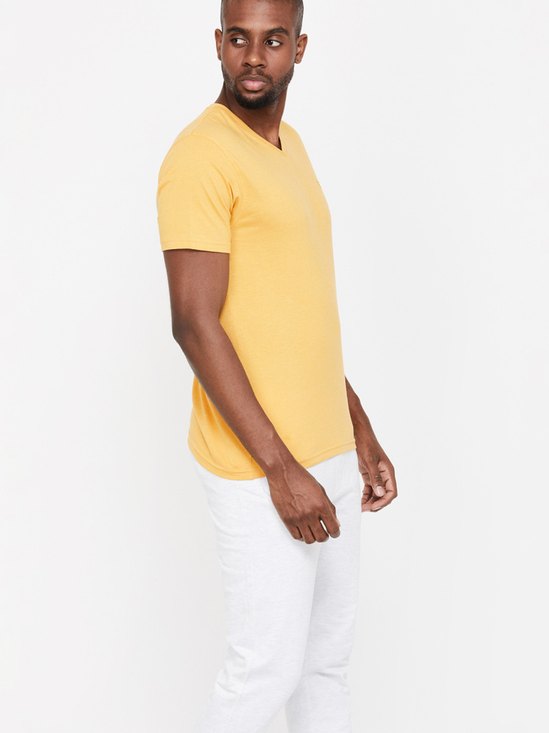 Fame Forever by Lifestyle Men Mustard Yellow Solid V-Neck T-shirt