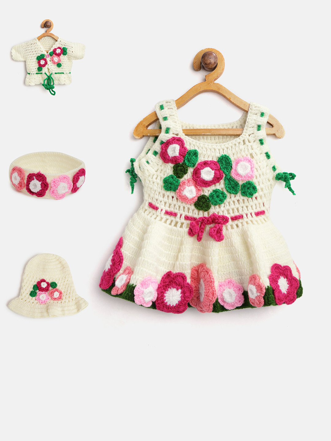 CHUTPUT Girls Off-White & Pink Applique Detail Fit and Flare Dress