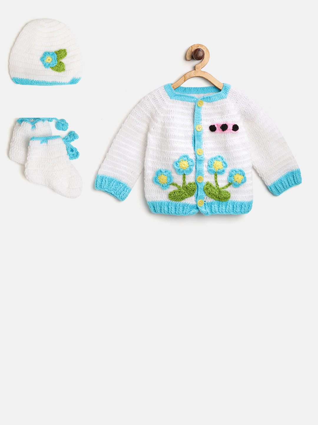 CHUTPUT Kids White & Blue Solid Cardigan with Applique Detail