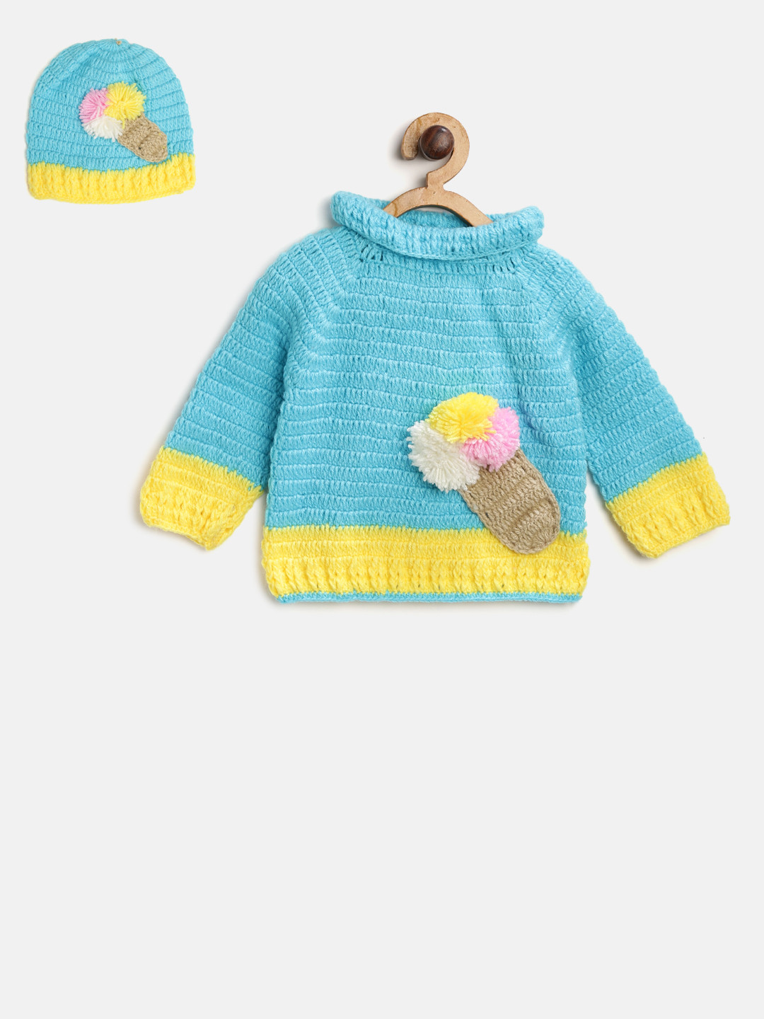 CHUTPUT Kids Blue & Yellow Solid Sweater with Applique Detail