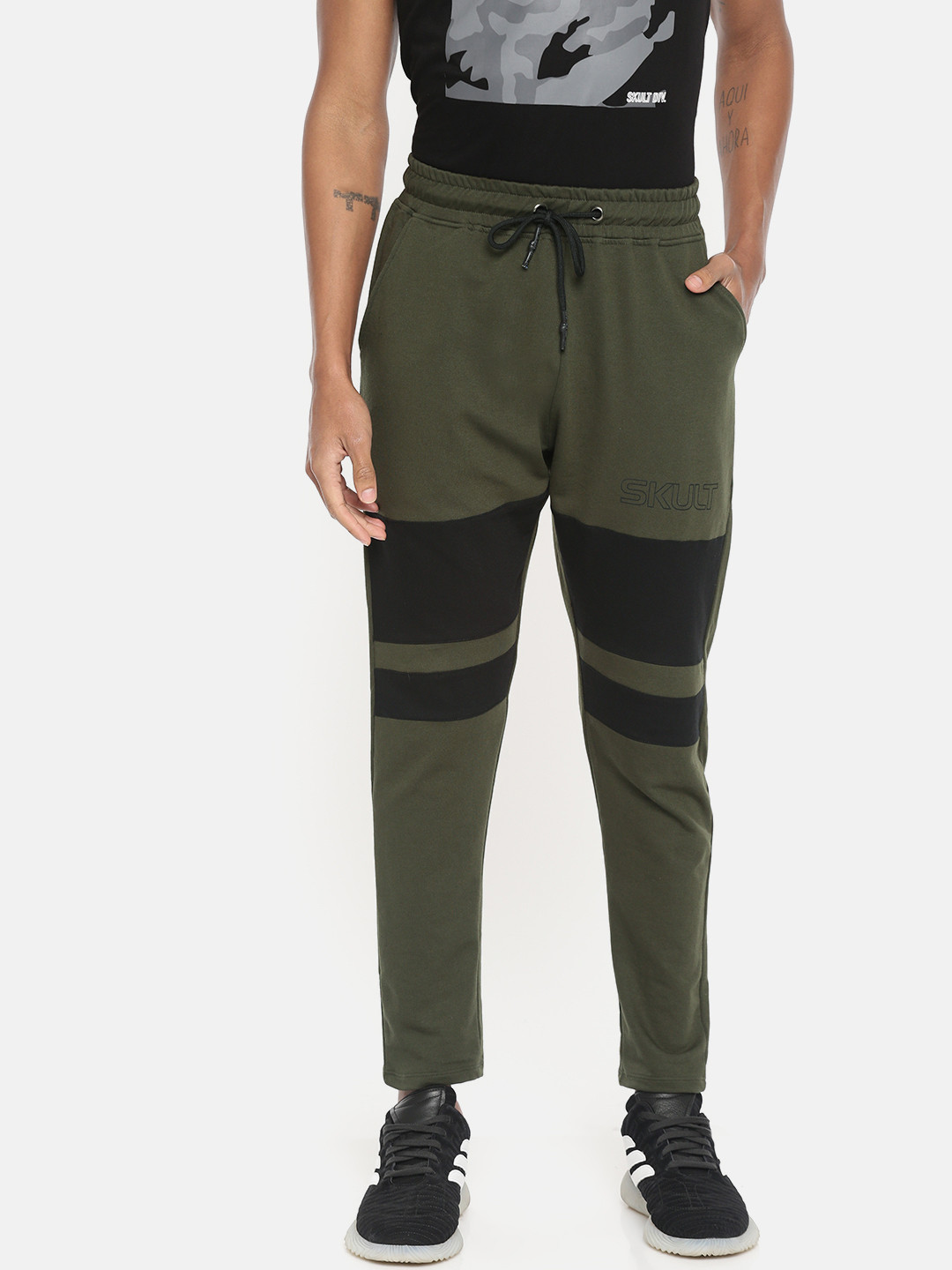 Skult By Shahid Kapoor Men Olive Green Colourblock Straight-Fit Knitted Track Pants