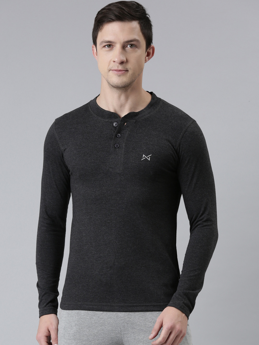Force NXT Men Black Solid Mandarin Collar T-shirt