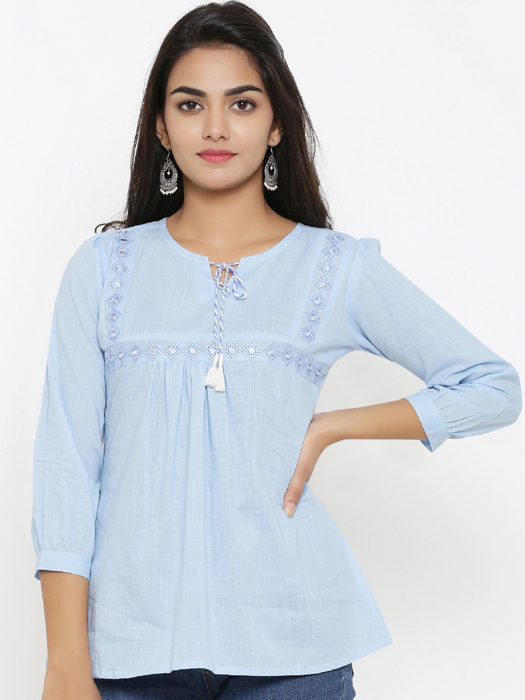 Buy YASH GALLERY Women Blue Embroidered Pure Cotton Top - Tops for