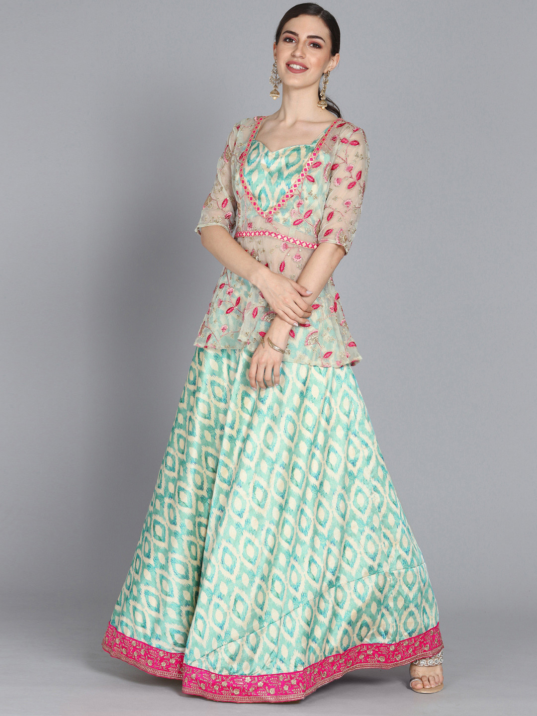 Ethnovog Beige  Sea Green Made to Measure Lehenga with Blouse