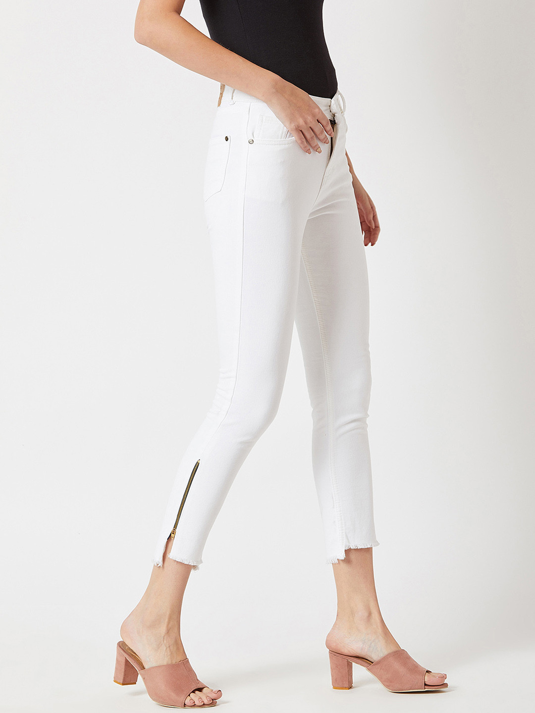 Miss Chase Women White Skinny Fit High-Rise Clean Look Cropped Jeans