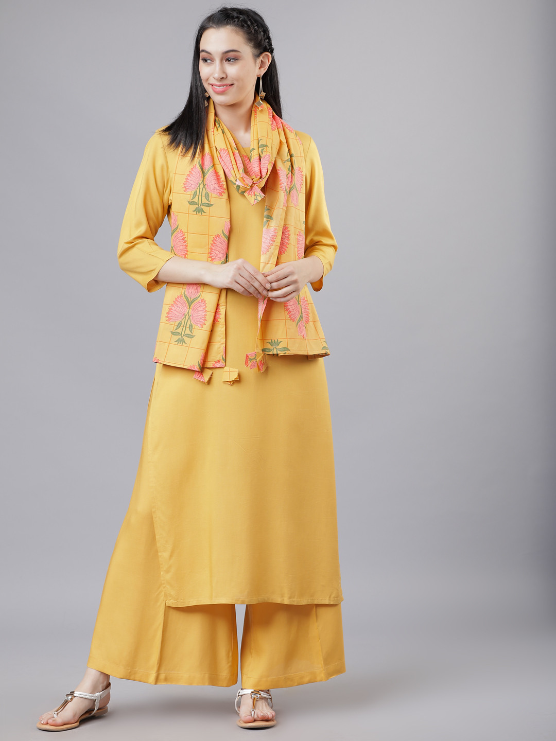 Vishudh Women Mustard Solid Kurta with Palazzos & Dupatta