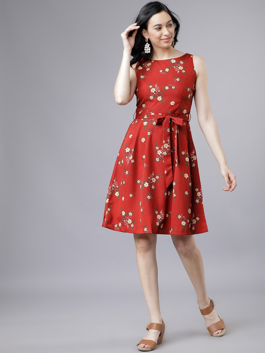 Tokyo Talkies Women Rust Red Floral Printed Dress