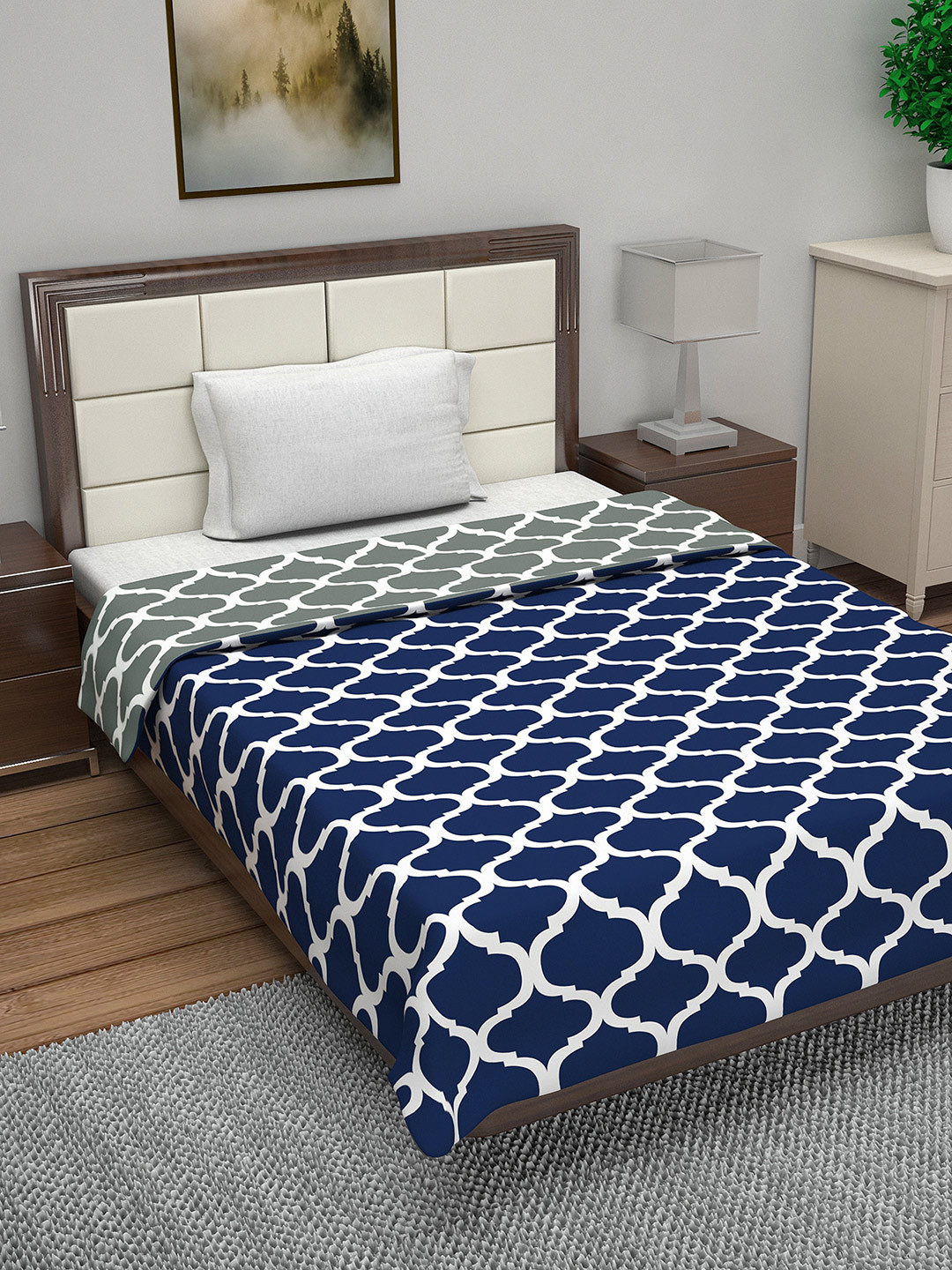 Divine Casa Navy Blue & Grey Geometric Reversible AC Room 110 GSM Single Bed Dohar