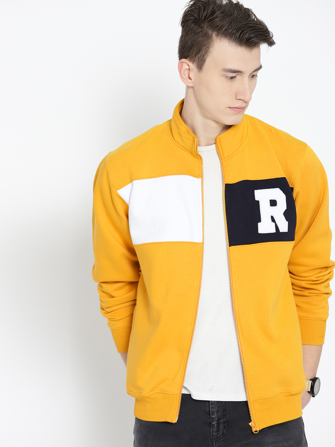 Roadster Men Mustard Yellow Colourblocked Sweatshirt