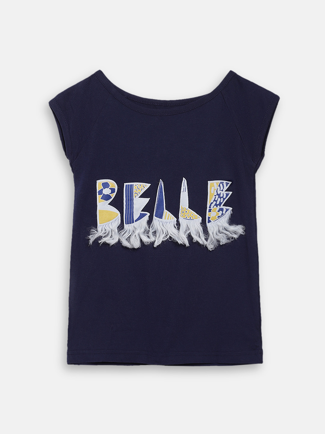 ELLE Girls Navy Blue Printed Round Neck T-shirt