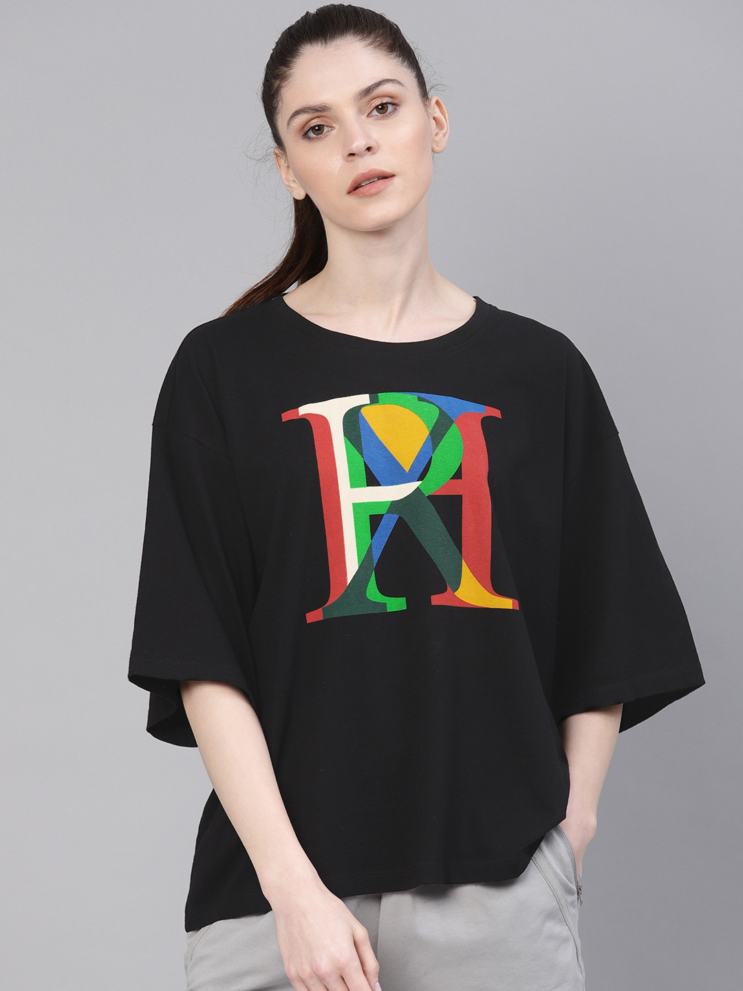 HRX by Hrithik Roshan Women Black  Green Printed Lifestyle BOXY Fit  Cotton T-shirt
