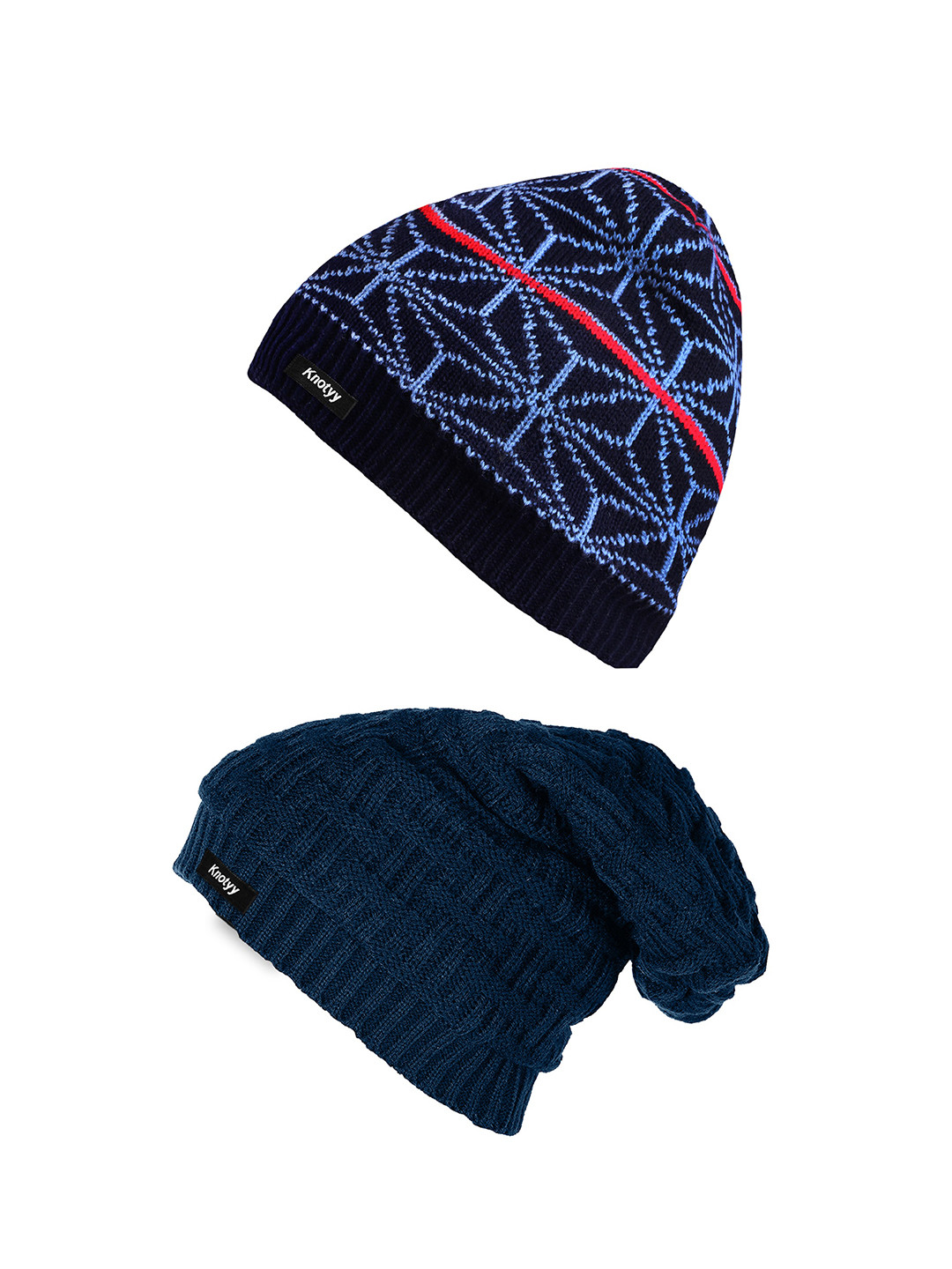 Knoty Pack of 2 Men Blue & Teal Blue Self Design Beanie