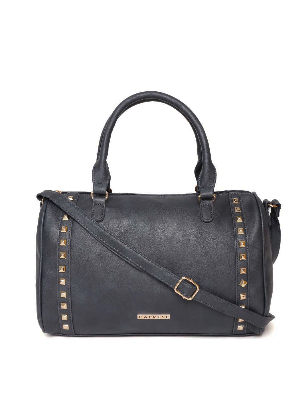 Caprese Navy Blue Solid Handheld Bag with Studded Detail