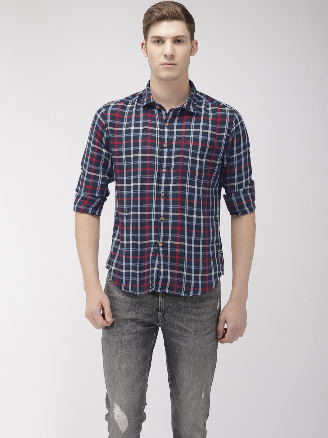 Flying Machine Men Navy Blue & Red Slim Fit Checked Casual Shirt