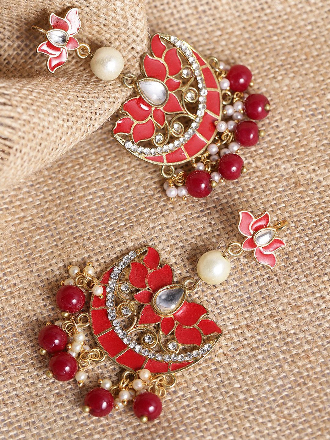 KARATCART Red Gold-Plated Beaded Floral Chandbalis
