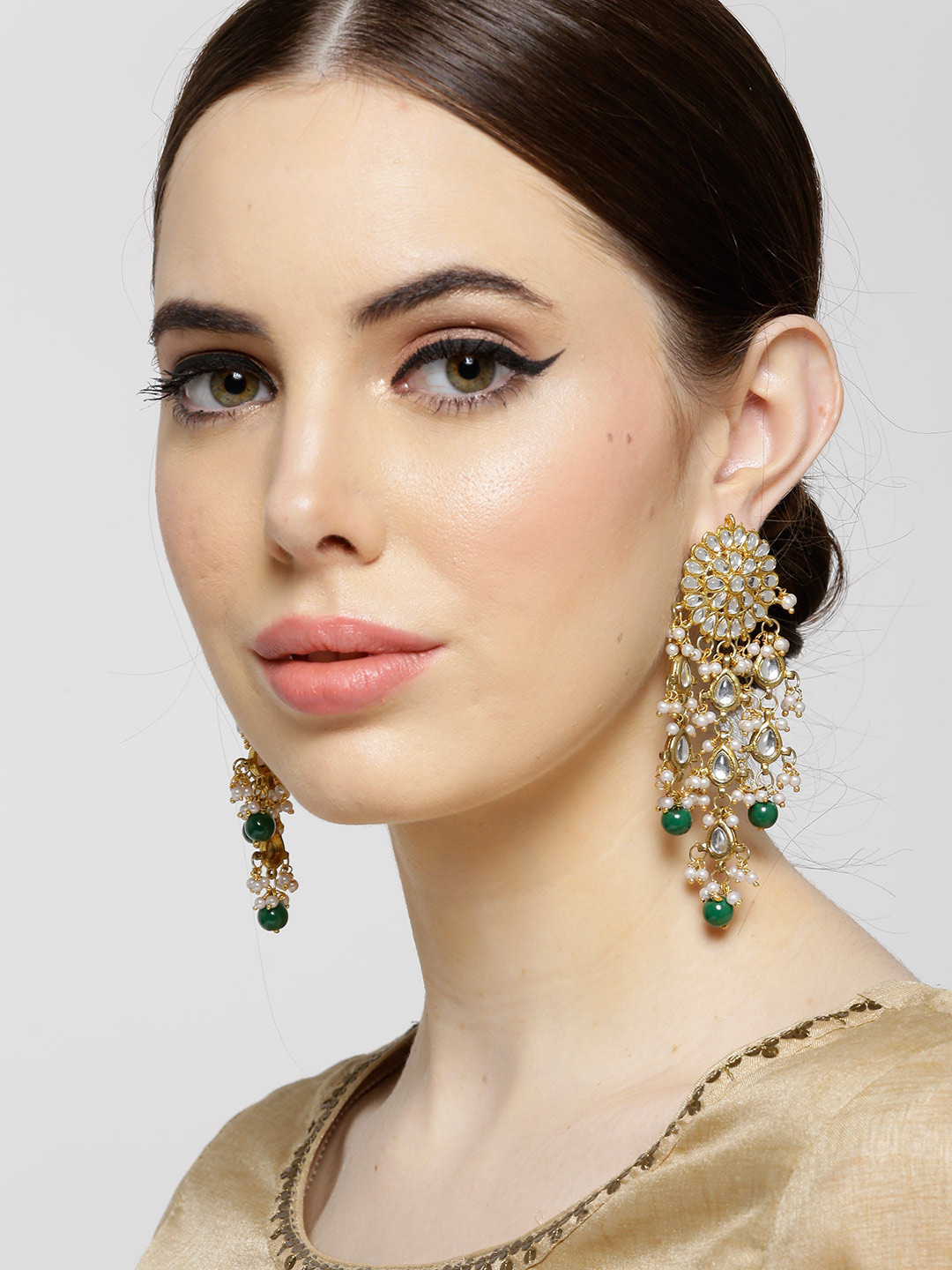 KARATCART Green Gold-Plated Stone-Studded Beaded Chandelier Classic Drop Earrings