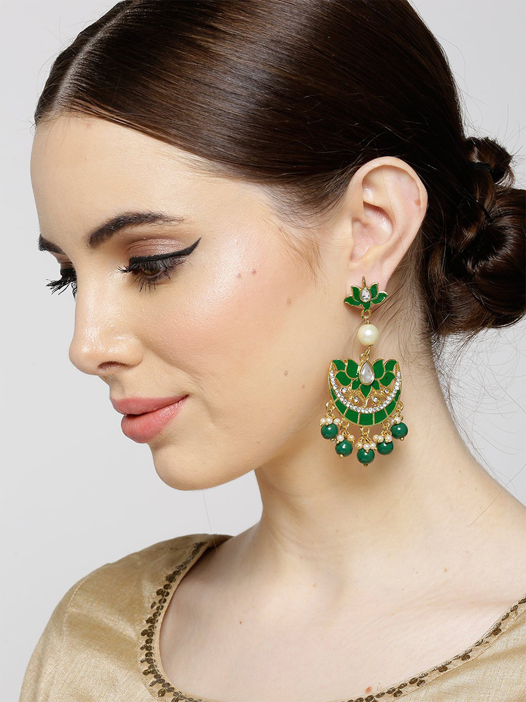KARATCART Green Gold-Plated Beaded Enamelled Floral Chandbalis