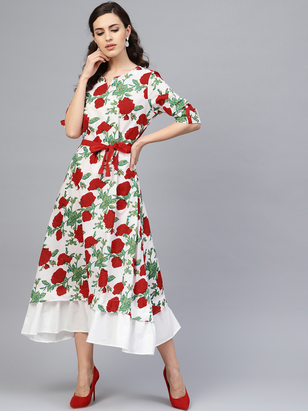 Geroo Jaipur White & Red Floral Hand Block Printed Pure Cotton Dress