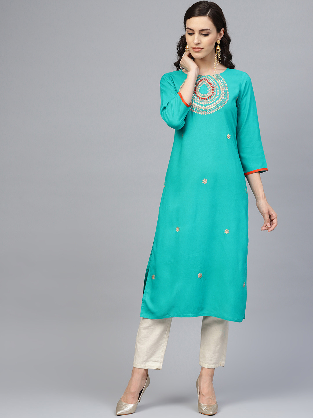 Rayon Kurta Fbb Women's Ethnic Wear Geroo Jaipur Green Hand