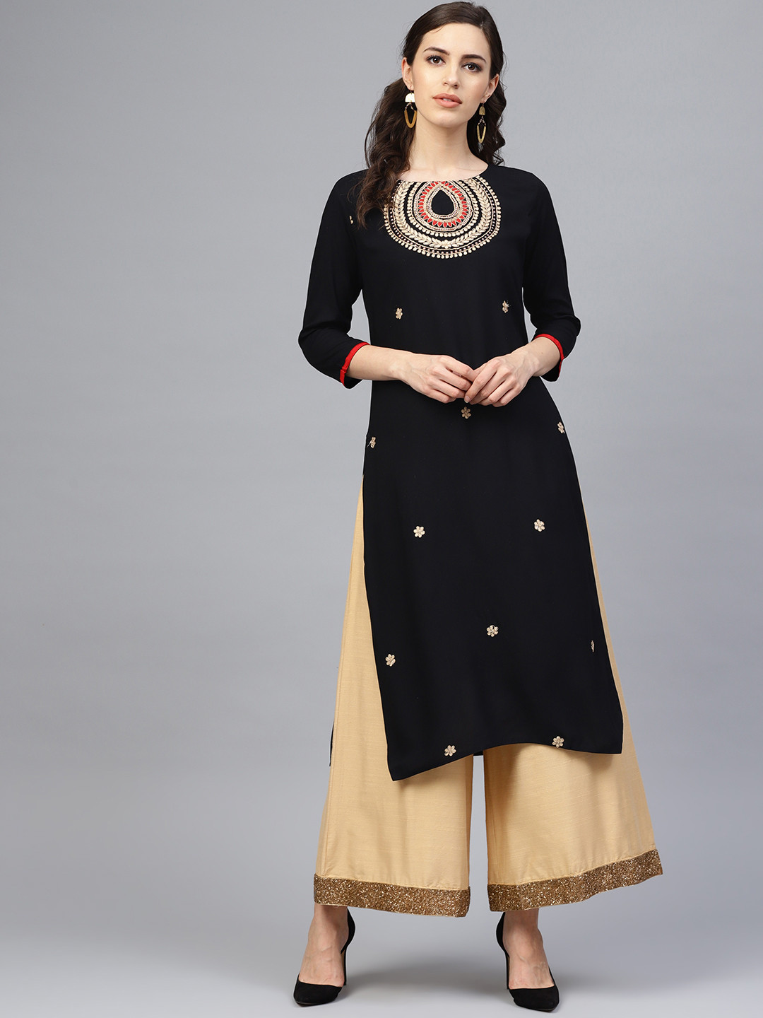 Geroo Jaipur Black Hand Embroidered Straight Rayon Sustainable Kurta