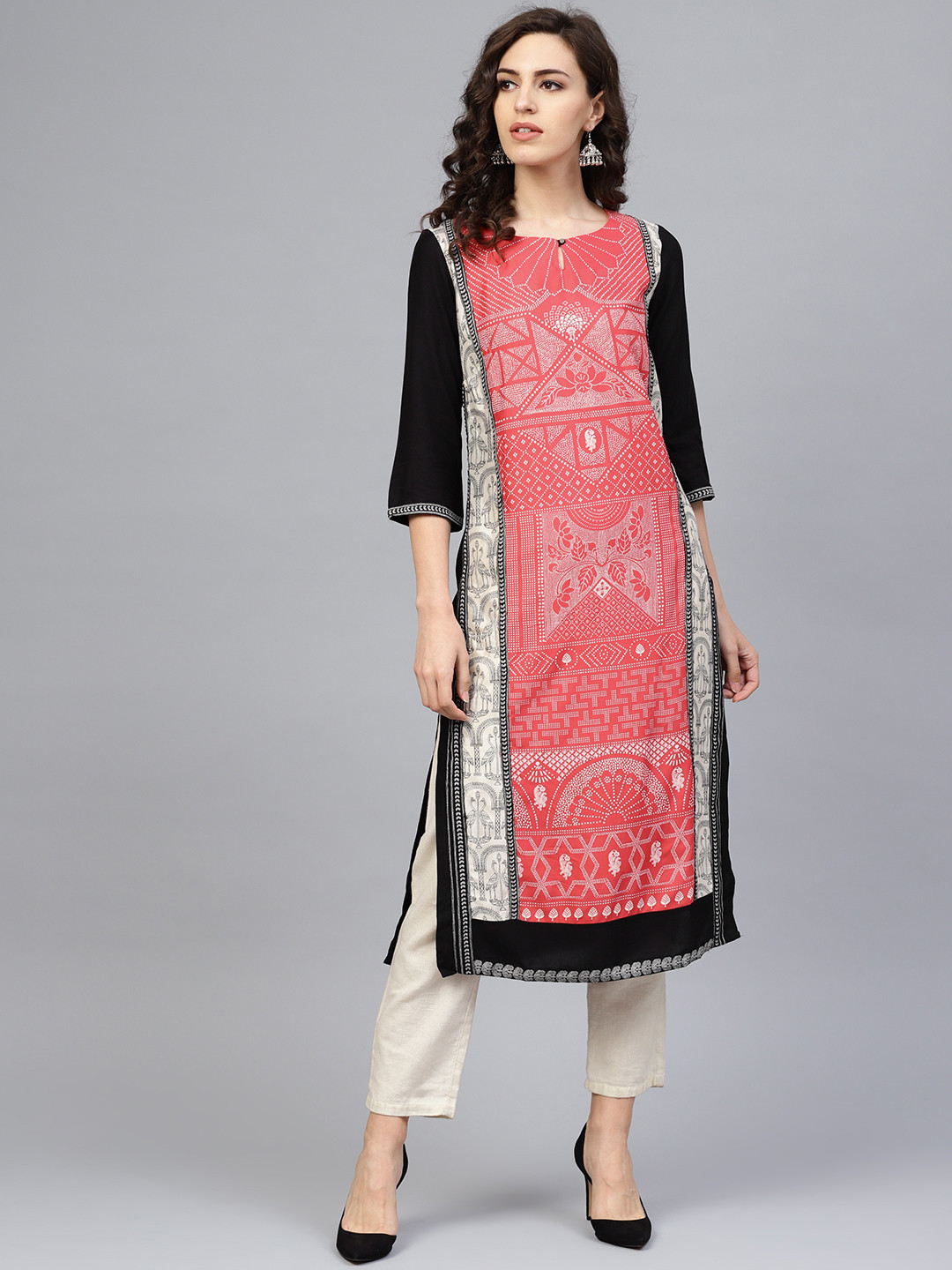 W Women Pink & Black Printed Straight Kurta
