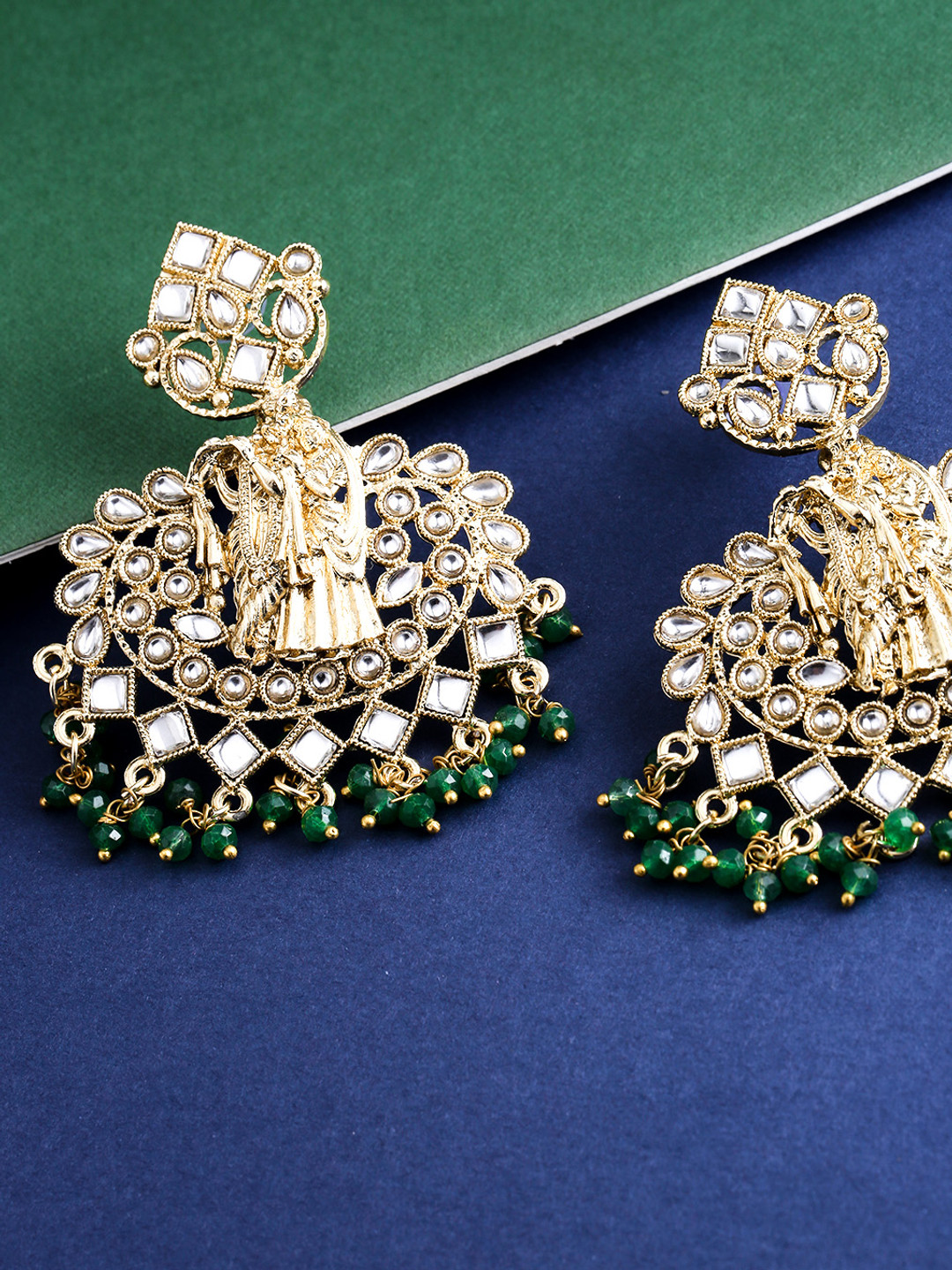 Priyaasi Green Gold-Plated Kundan Studded Temple Drop Earrings