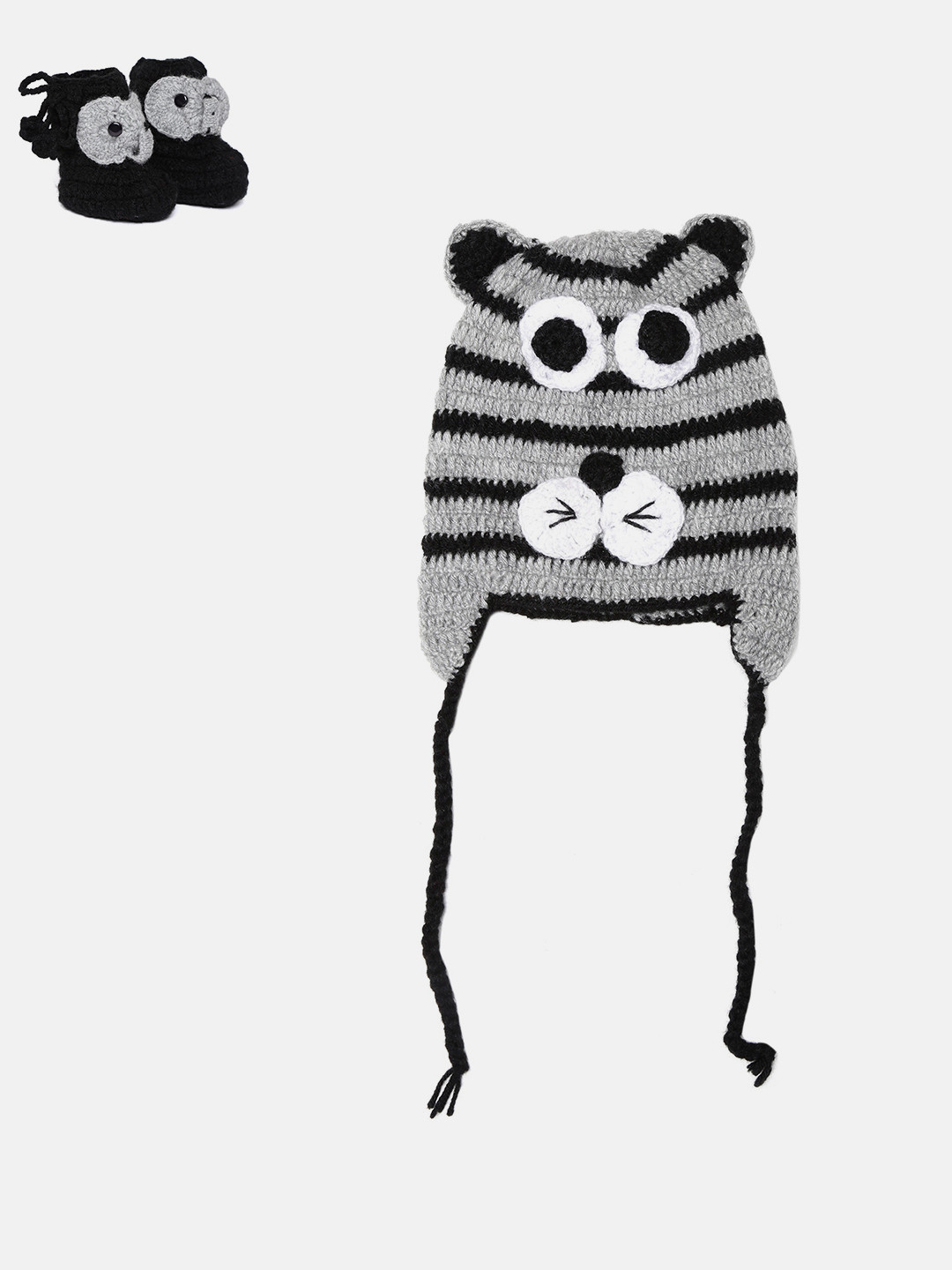 CHUTPUT Kids Black & Grey Striped Woollen Beanie with Booties