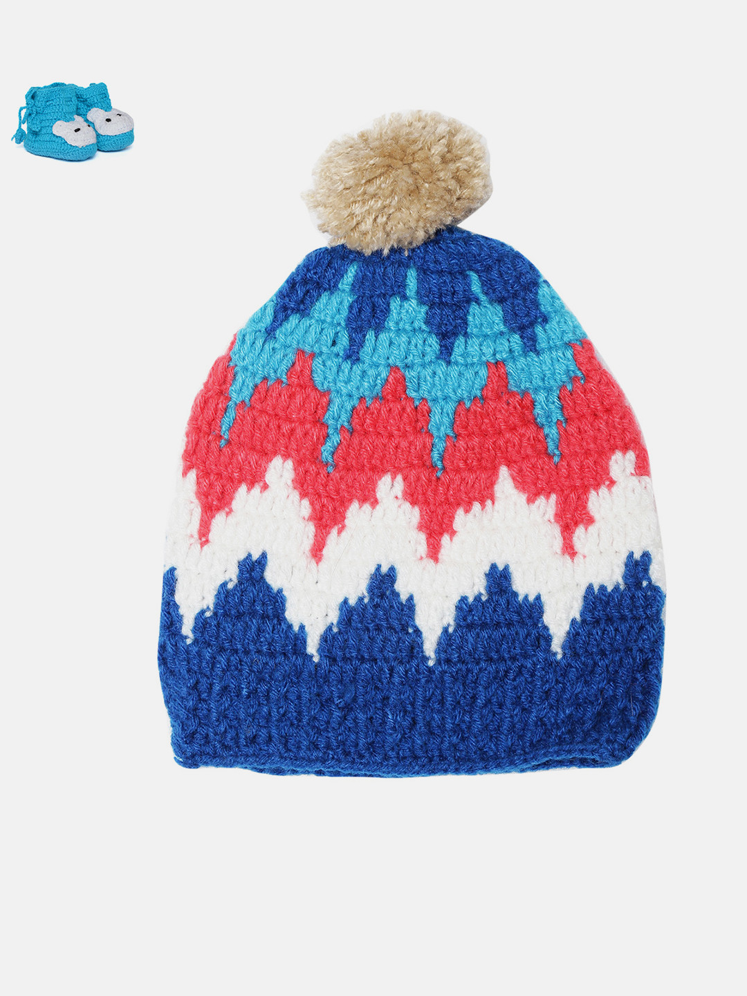 CHUTPUT Kids Blue & Red Self-Design Woollen Beanie with Booties