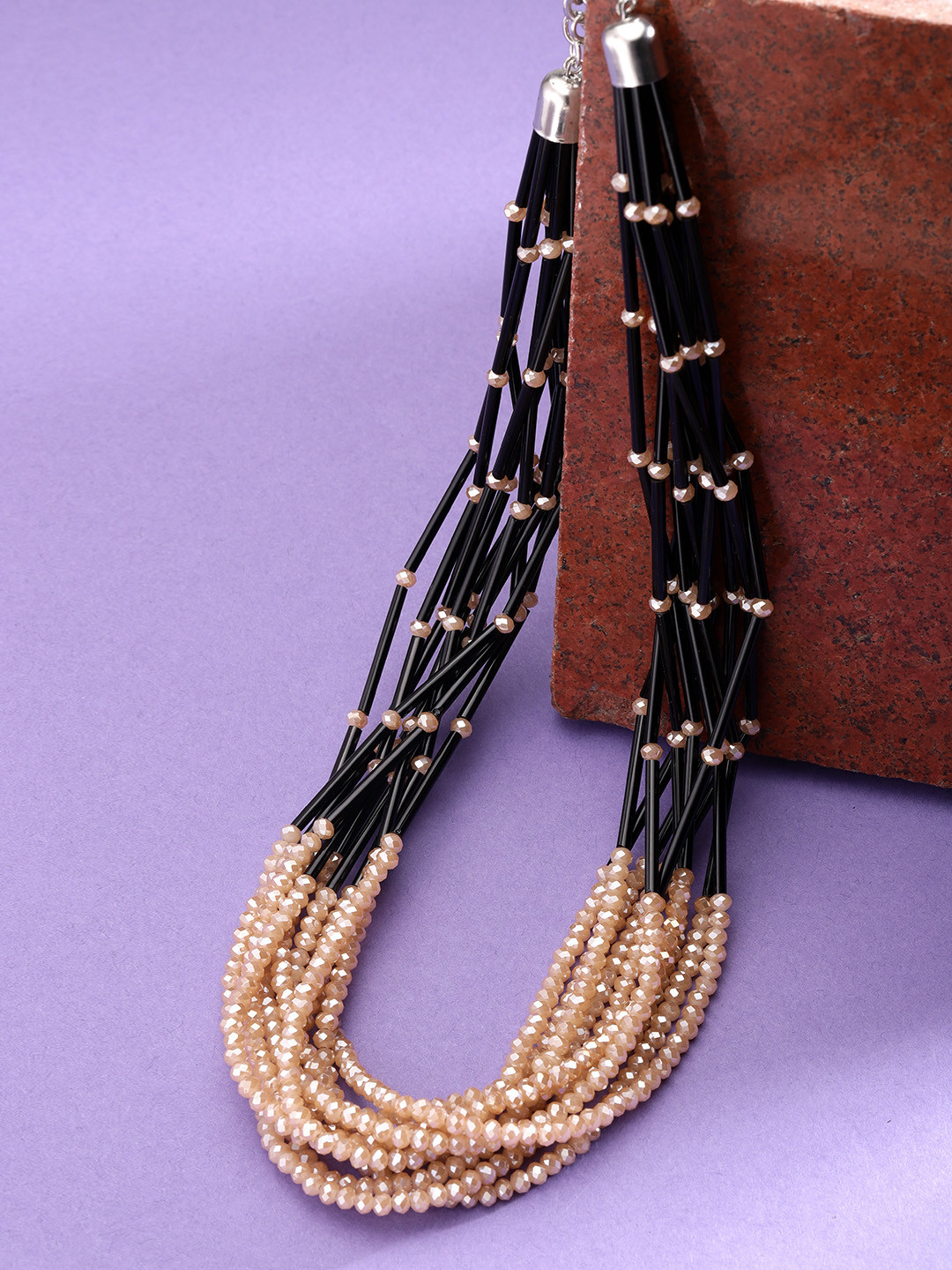 Jewels Galaxy Beige & Black Copper-Plated Beaded Multi-Stranded Necklace