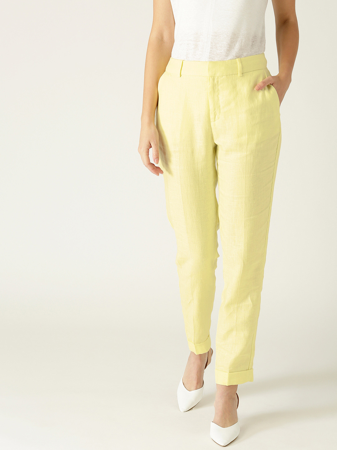 MANGO Women Yellow Linen Regular Fit Solid Trousers