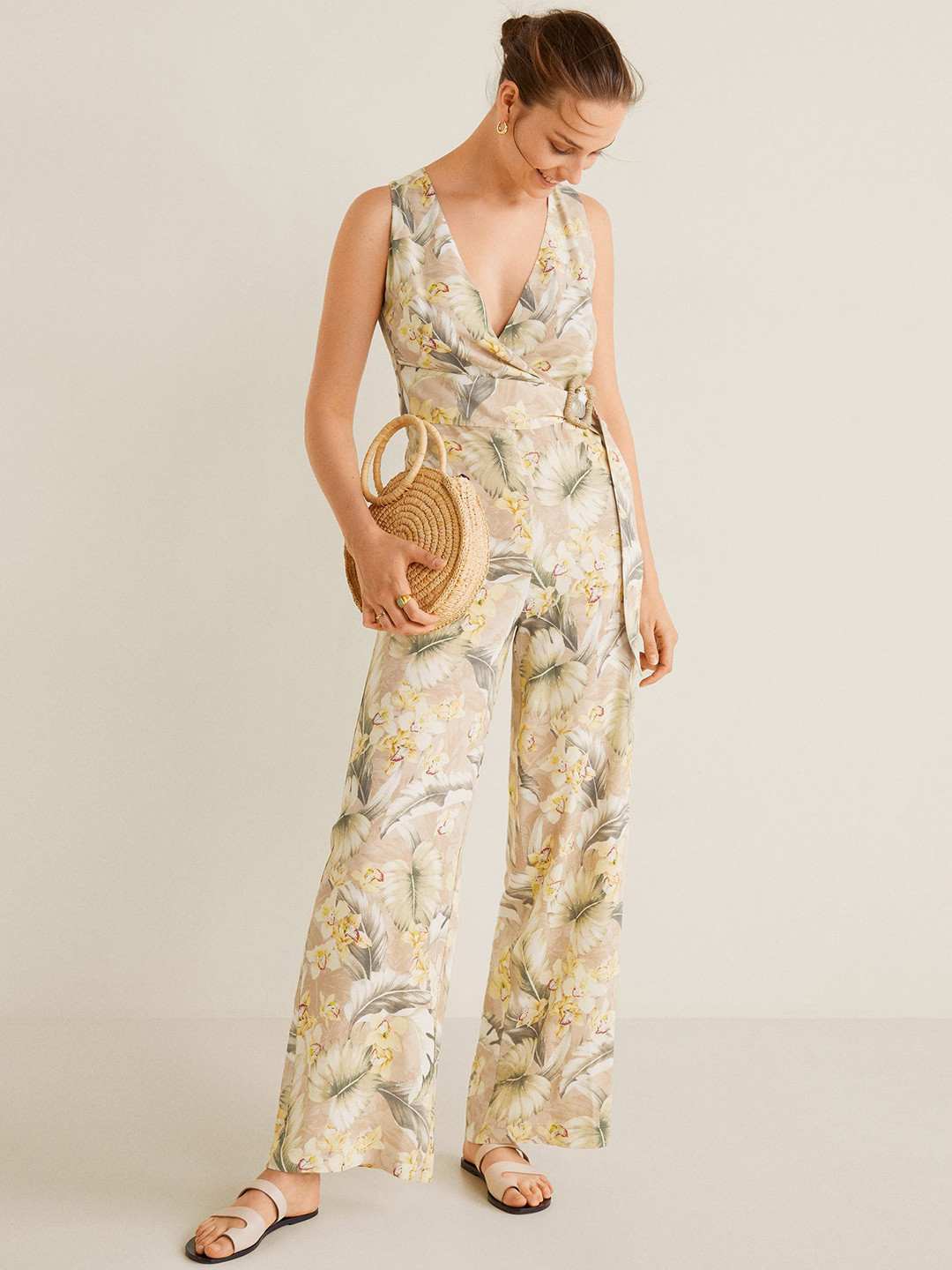 MANGO Women Peach-Coloured & Cream-Coloured Printed Basic Jumpsuit
