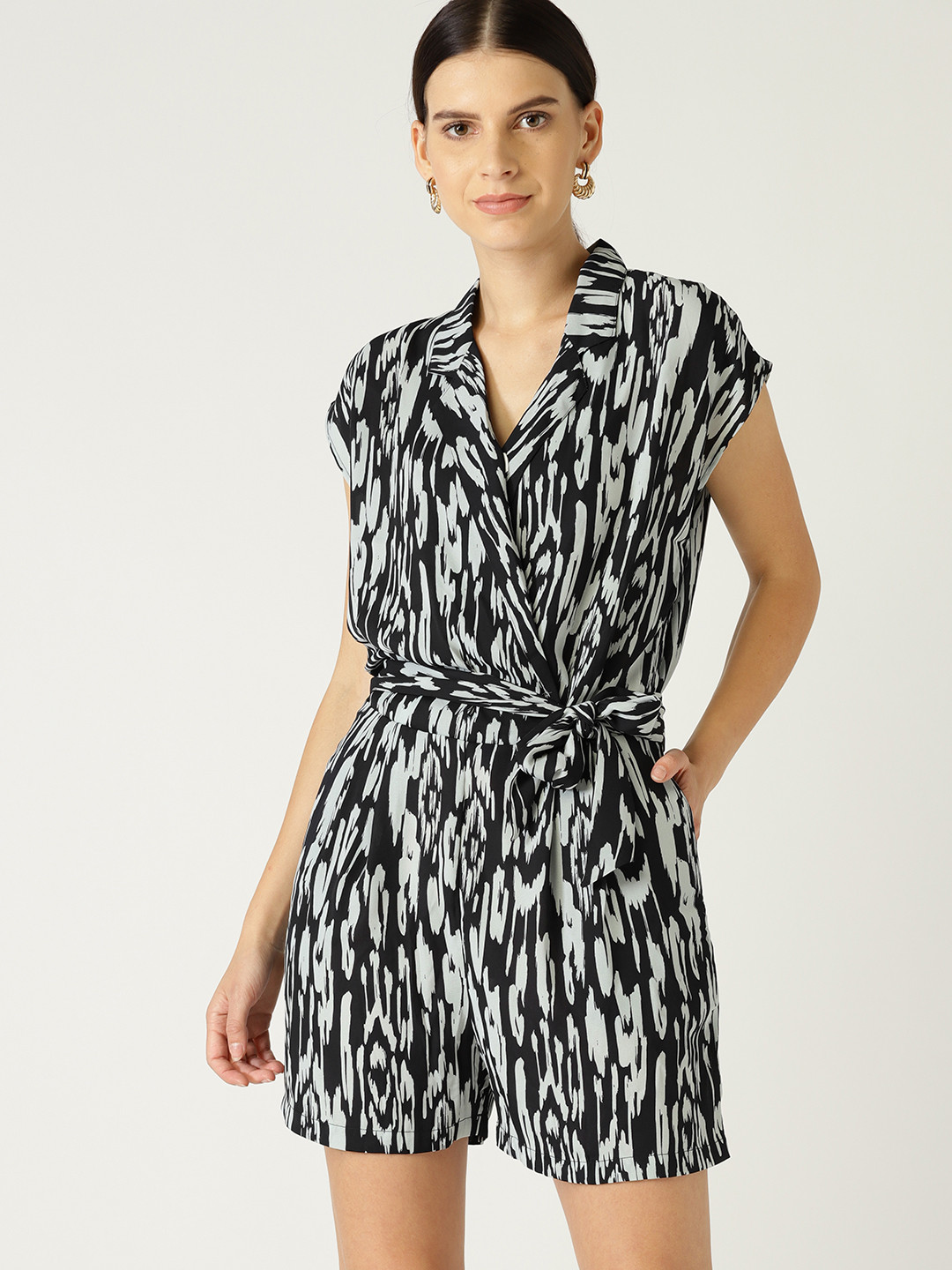 MANGO Women Black & Grey Printed Layered Playsuit