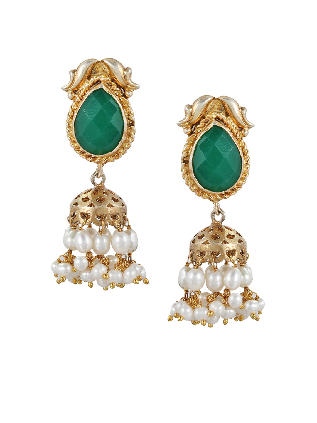 Silvermerc Designs Green & Gold-Plated Handcrafted Dome Shaped Jhumkas