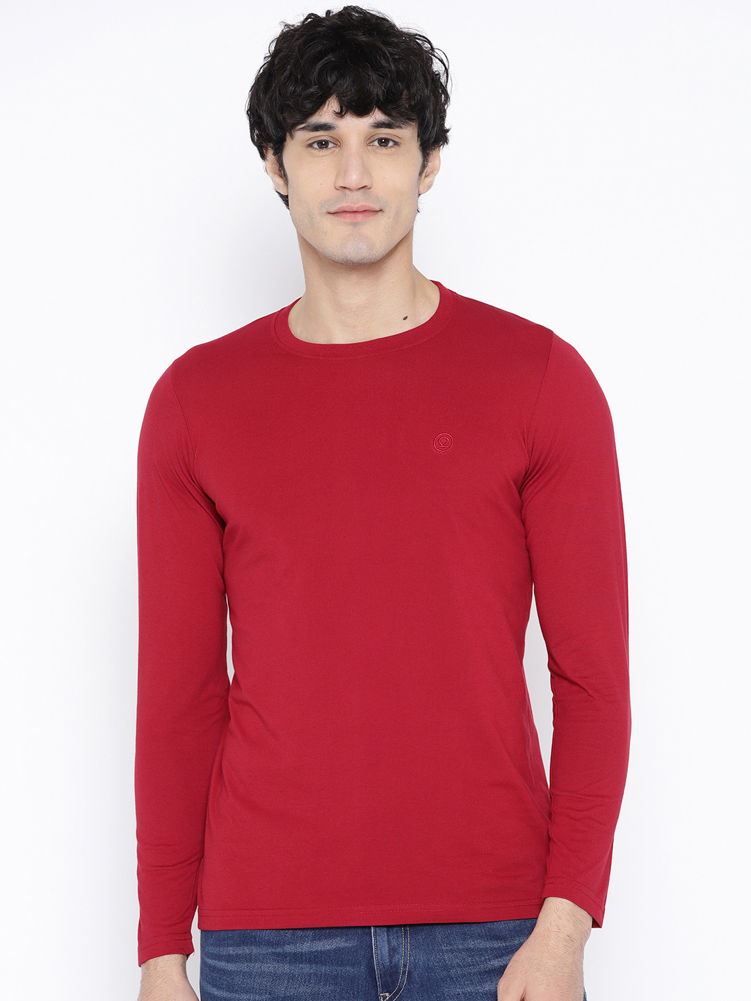 CHKOKKO Men Red Solid Round Neck T-shirt