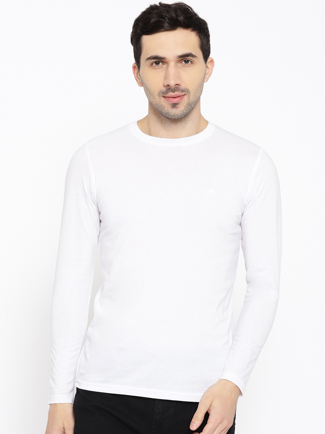 CHKOKKO Men White Solid Round Neck T-shirt