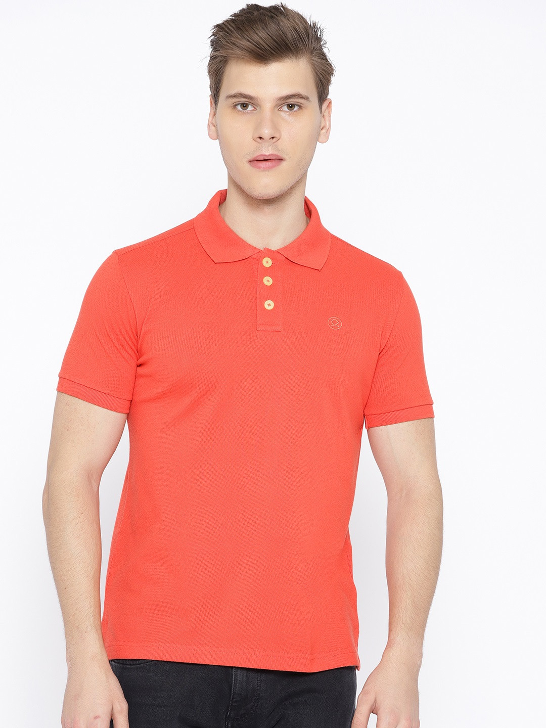 Chkokko Men Coral Orange Solid Polo Collar T-shirt