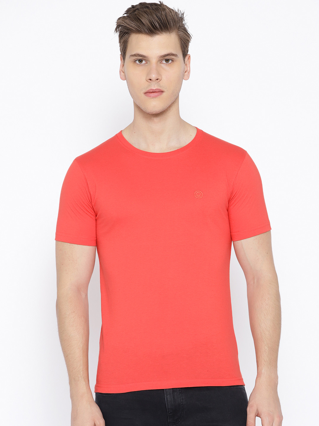 Chkokko Men Coral Pink Solid Round Neck T-shirt
