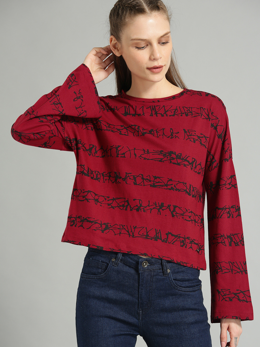 Roadster Women Red  Black Printed Boxy Pure Cotton Top