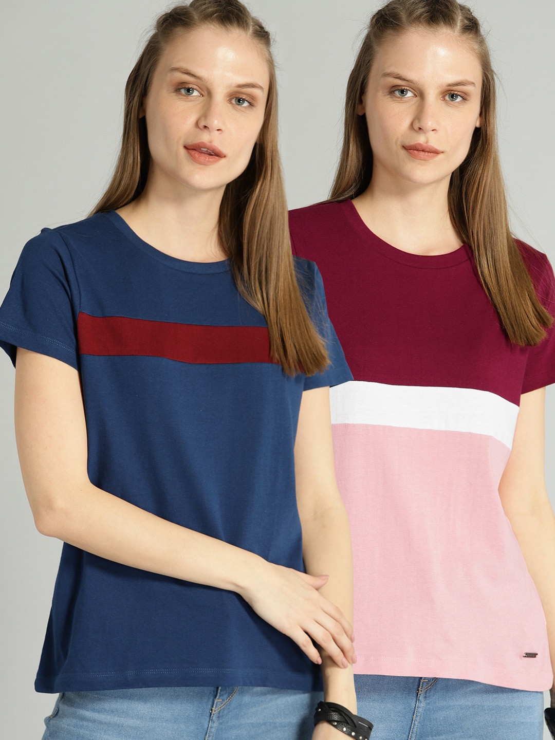 The Roadster Lifestyle Co Women Pack of Two Blue  Pink Colourblocked Round Neck Pure Cotton T-shirt
