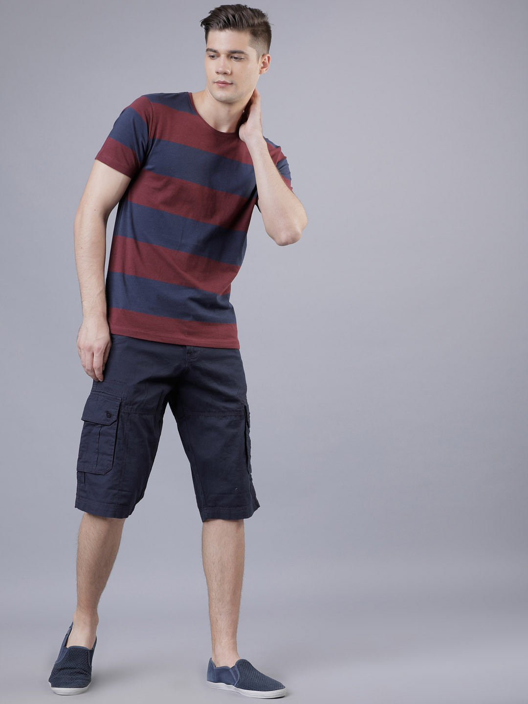 HIGHLANDER Men Maroon & Navy Blue Colourblocked Round Neck Regular Fit T-shirt