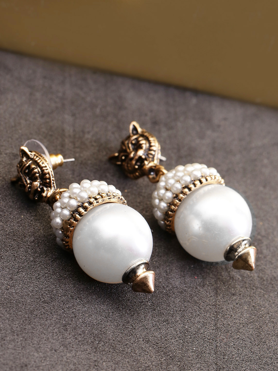 Jewels Galaxy Silver-Toned Gold-Plated Beaded Textured Contemporary Drop Earrings