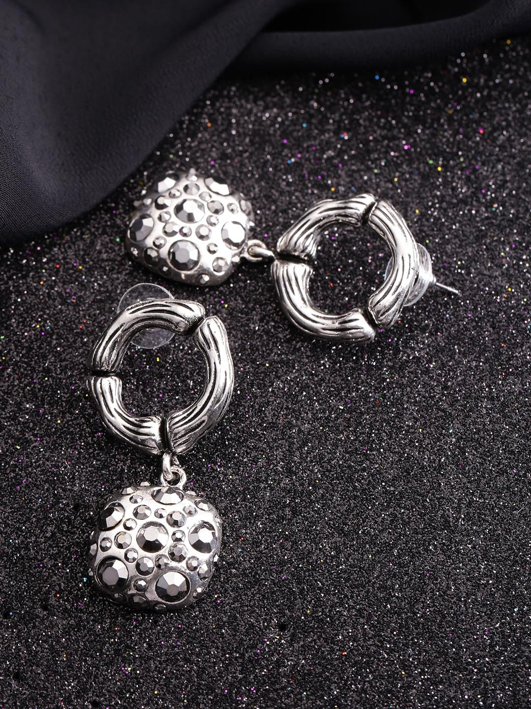 Jewels Galaxy Gunmetal-Toned Silver-Plated Stone-Studded Circular Drop Earrings