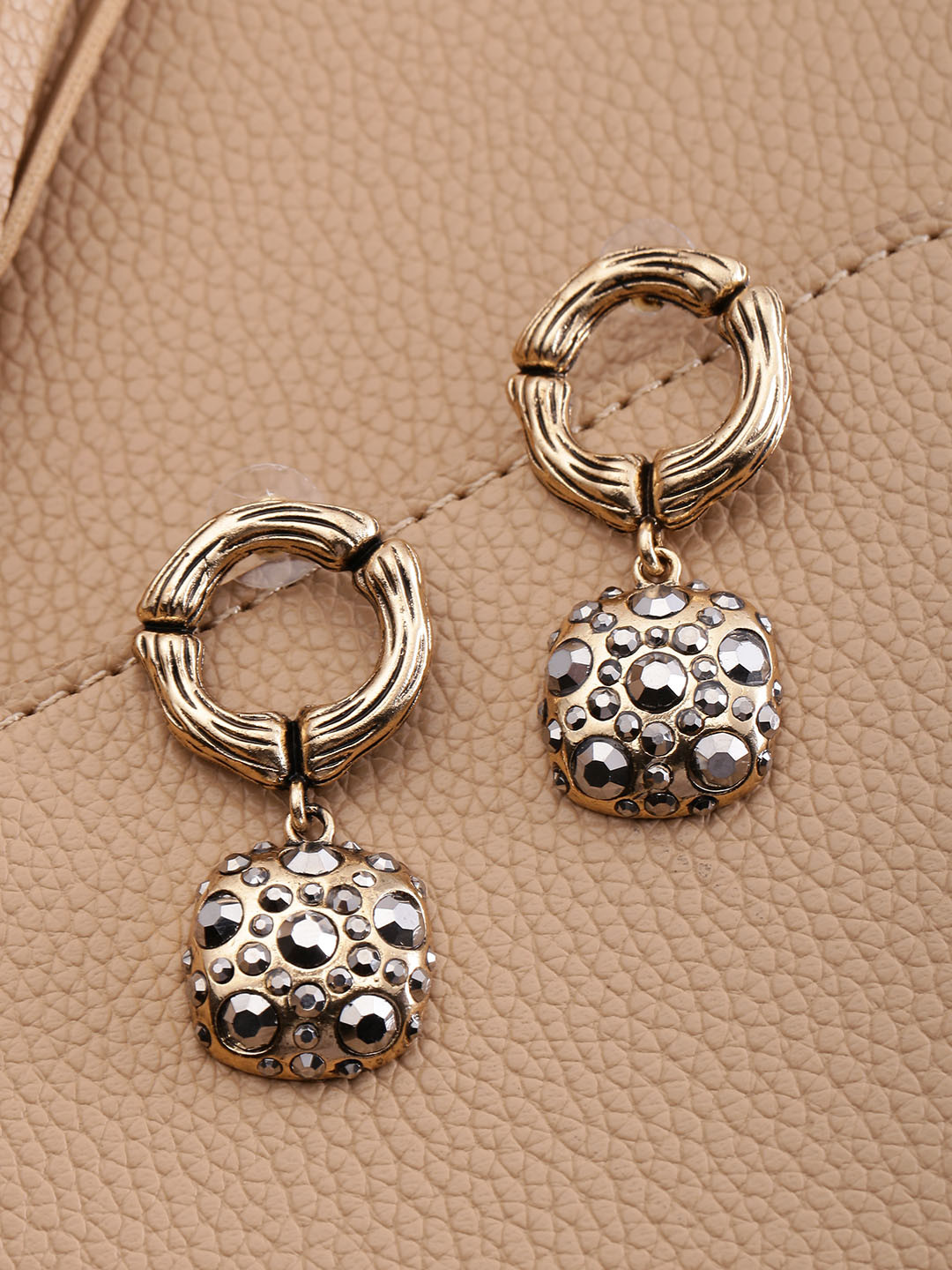 Jewels Galaxy Gunmetal-Toned Gold-Plated Stone-Studded Circular Drop Earrings