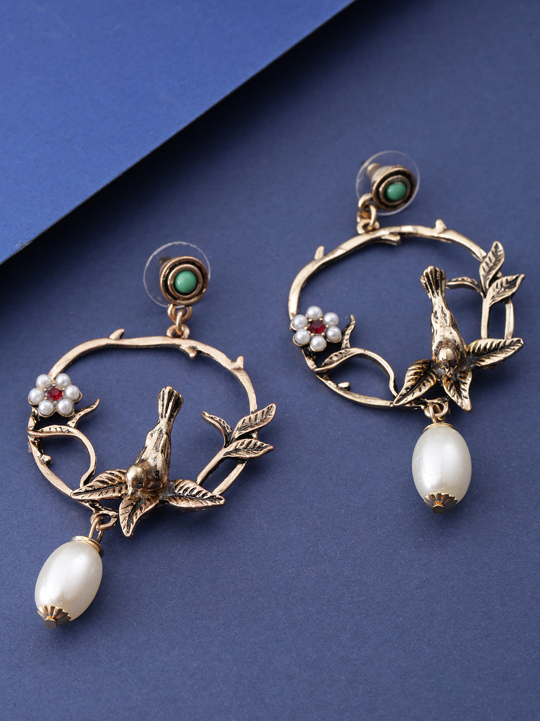 Jewels Galaxy White Antique Gold-Plated Beaded Textured Contemporary Drop Earrings