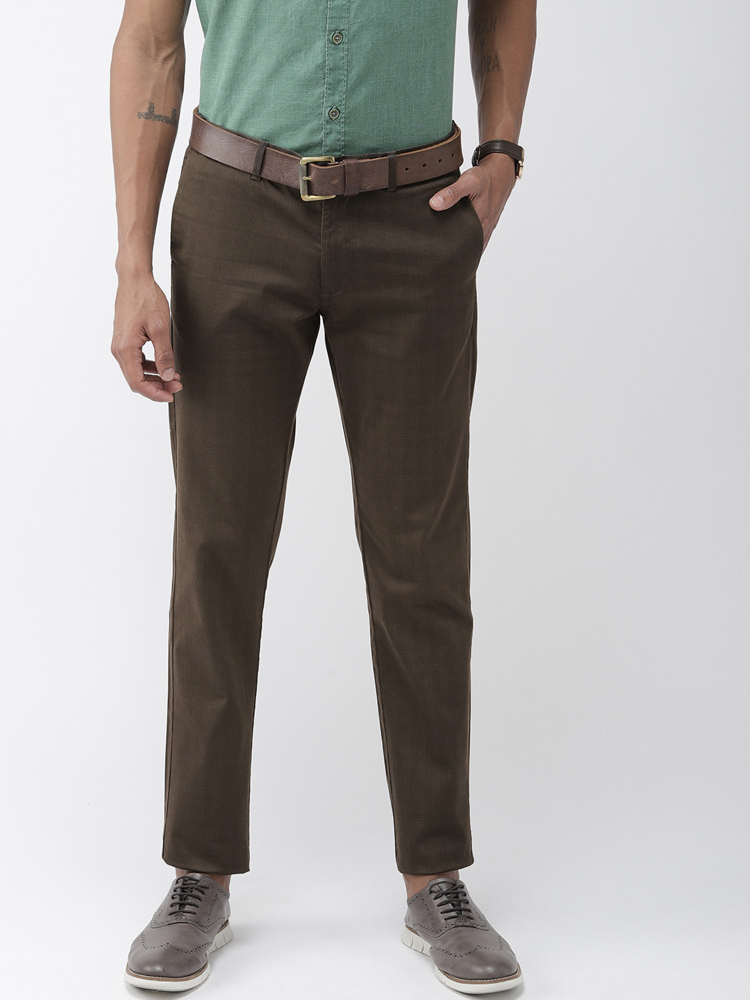 Indian Terrain Men Brown Brooklyn Slim Fit Self-Checked Smart Casual Trousers