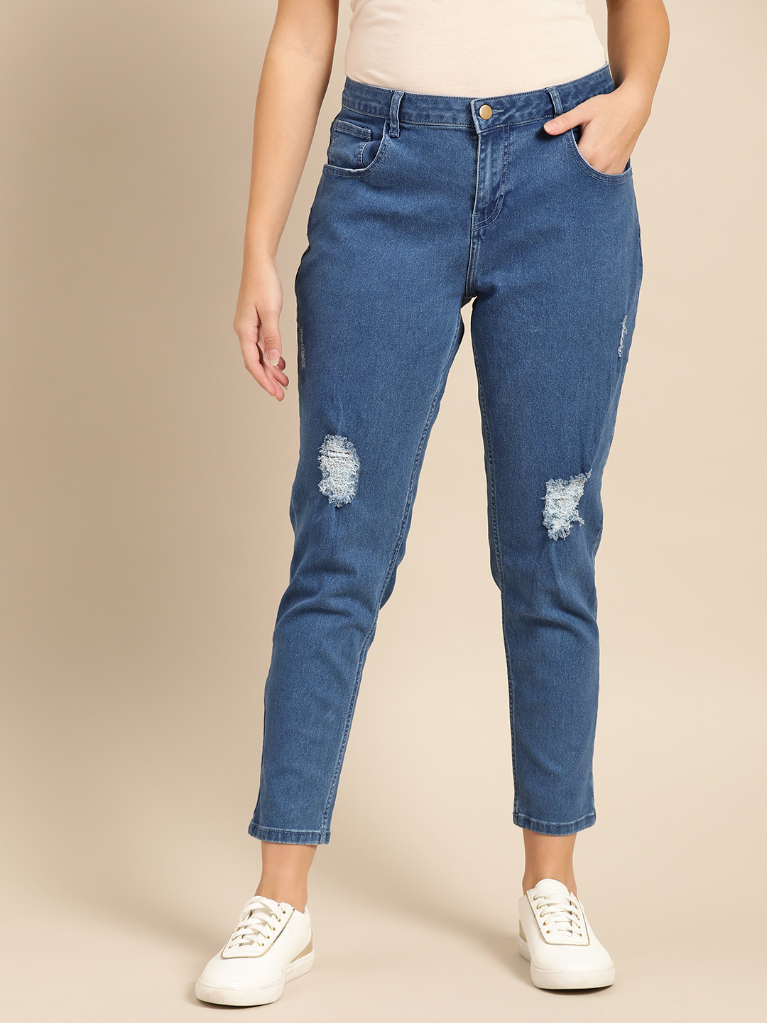 DressBerry Women Blue Skinny Fit Mid-Rise Low Distress Stretchable  Ankle Length Jeans