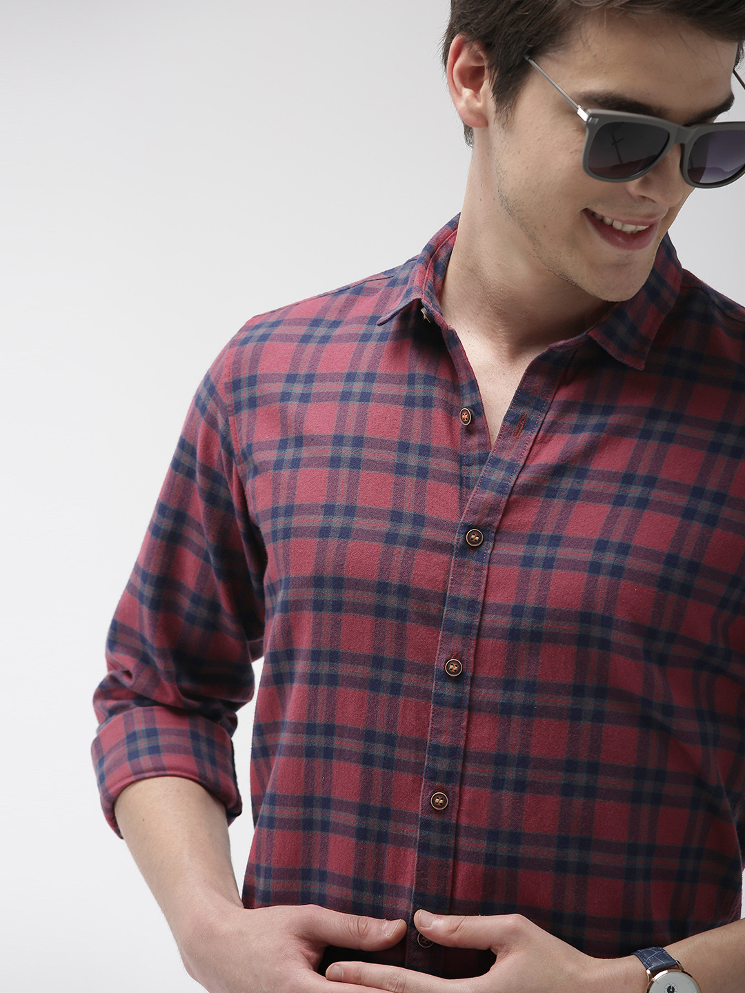 Mast & Harbour Men Burgundy & Navy Blue Checked Casual Sustainable Shirt